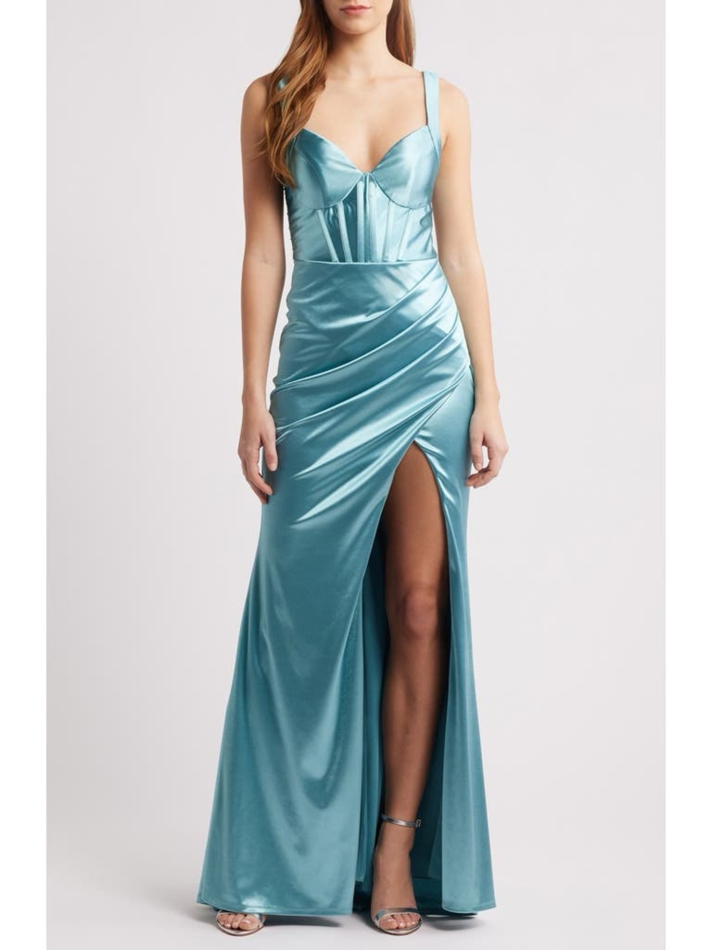 NEW City Studio Satin Bustier Maxi Dress in Aqua XXS
